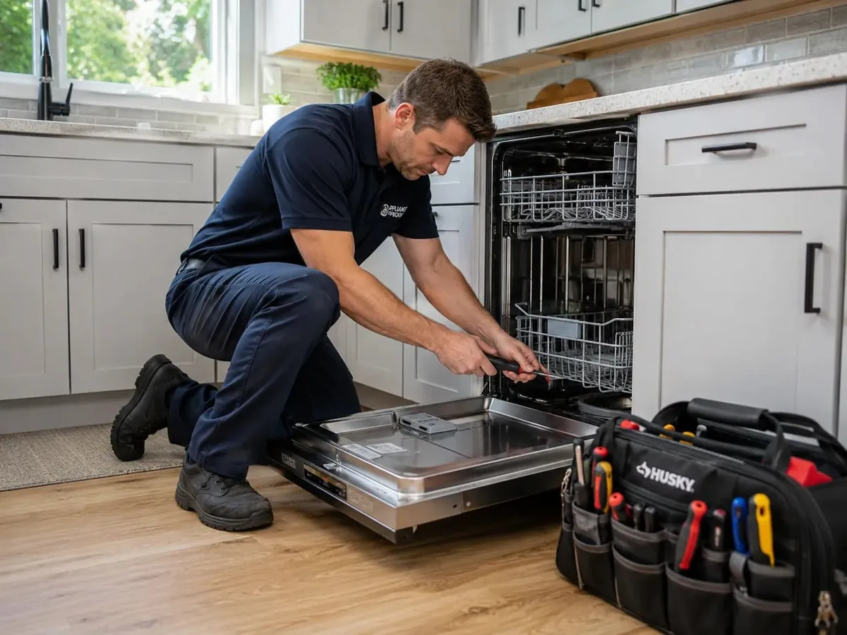 Técnico de Top Solution reparando un lavavajillas en Tenerife