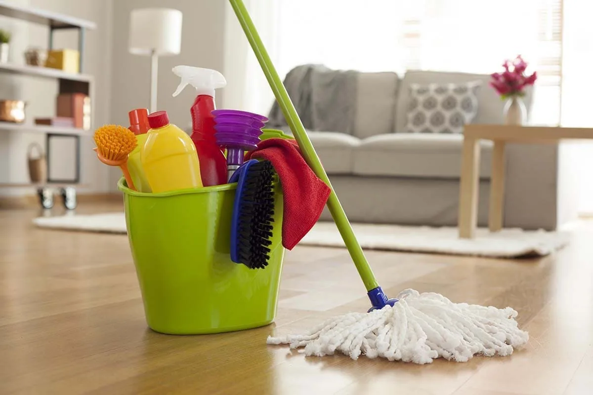 Persona de una empresa de limpieza haciendo tareas dentro de una casa