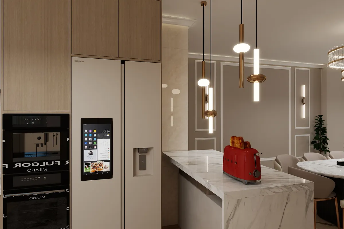 Cocina de lujo con frigorífico inteligente, tostadora roja e iluminación elegante